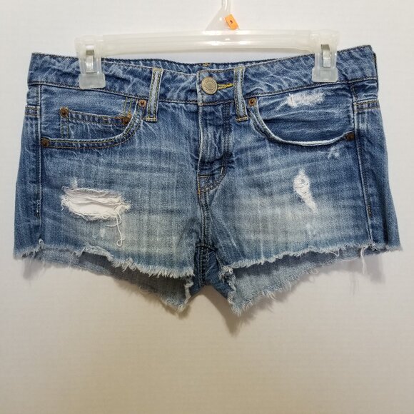 American Eagle shorts 2 distressed denim jean micro mini low rise Y2K whiskered - Picture 1 of 14